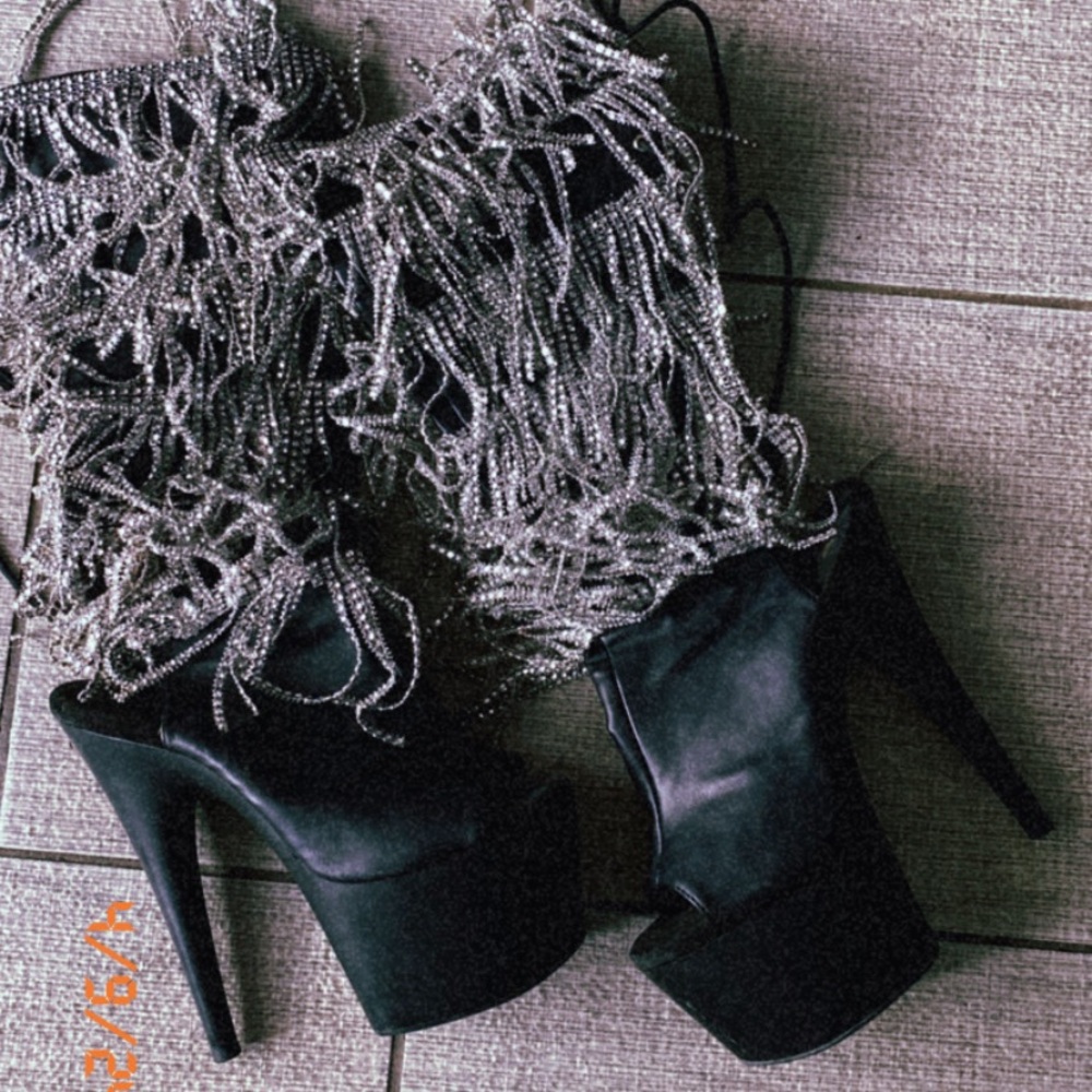 Fringe calf high exotic dancer heels
